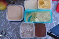 mango icecream, pineapple sorbet, banana cocos icecream, mango yoghurt icecream, chocolate rum and whisky icecream