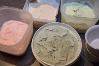 ice cream: chocolate-mint, grapefruit, vanilla and matcha-tangerine